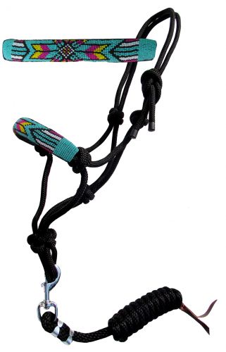 Showman Beaded nose cowboy knot rope halter with 7' lead - teal, yellow, and pink