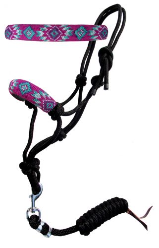 Showman Hot pink navajo beaded nose cowboy knot rope halter with 7' lead