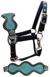 Showman Pony Leather Bronc Halter with Teal Glitter Inlay