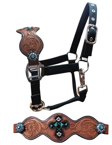 Showman Pony Size Beaded Cross inlay bronc halter