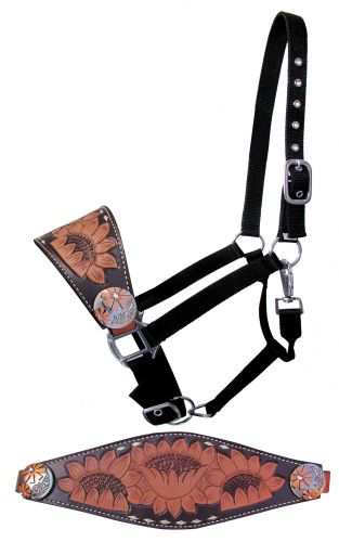 Showman Adjustable nylon bronc halter with a sunflower tooled noseband