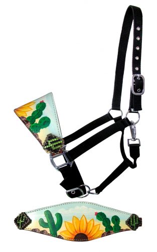 Showman Adjustable nylon bronc halter with hand painted sunflower and cactus nose band