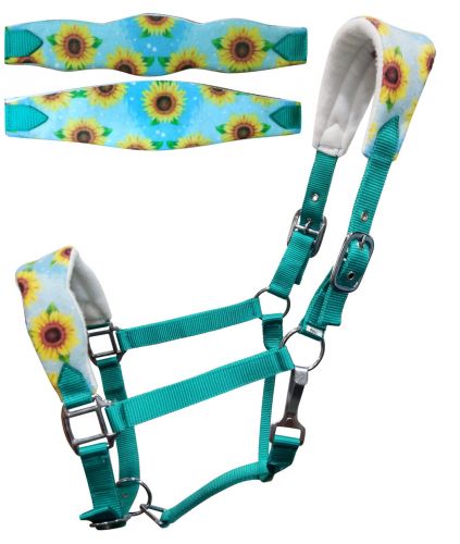 Showman Adjustable turquoise nylon bronc halter with a sunflower noseband