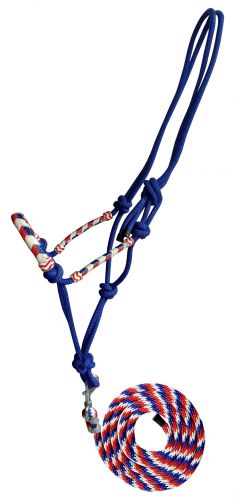 Showman Horse Size Red, White, and Blue Rawhide cowboy knot halter with matching removable lead