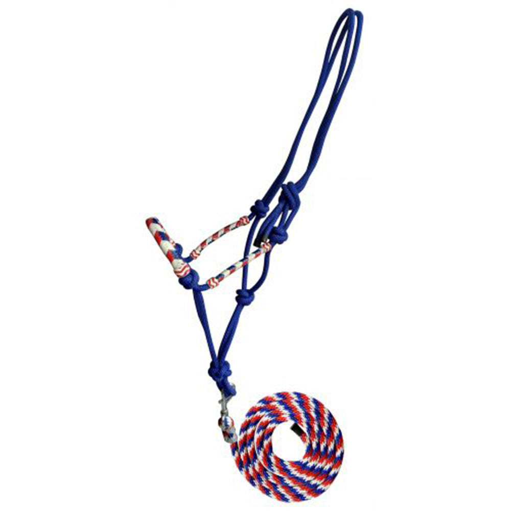 Showman Horse Size Red, White, and Blue Rawhide cowboy knot halter with matching removable lead