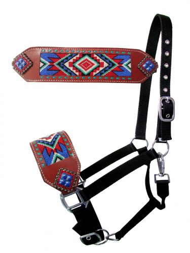 Showman Nylon bronc halter with Navajo beaded design - blue