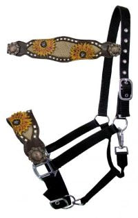 Showman Adjustable black nylon bronc halter with painted sunflower design with burlap inlay nose band