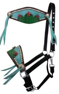 Showman Adjustable black nylon bronc halter with painted cactus and 3D flower designed nose band