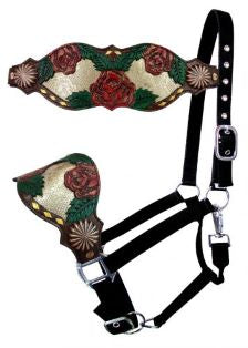 Showman Adjustable black nylon bronc halter with gold snake skin and red flower accent nose band