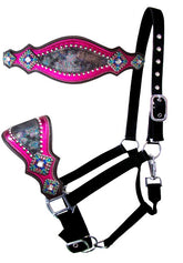 Showman Nylon bronc halter with rainbow metallic print and pink metallic leather accent