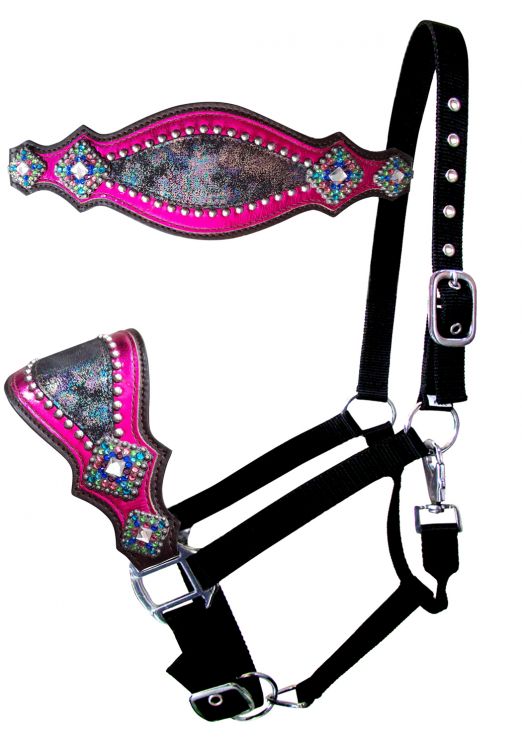 Showman Nylon bronc halter with rainbow metallic print and pink metallic leather accent