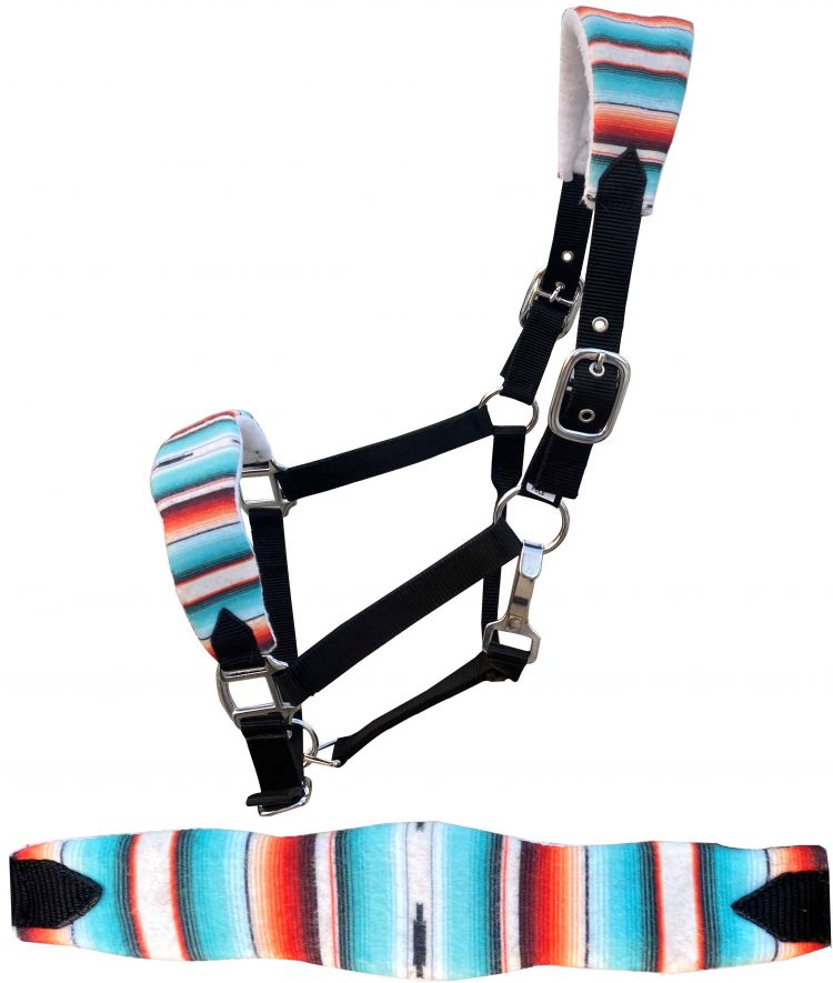 Showman Adjustable black nylon bronc halter with a padded southwest print noseband and crown