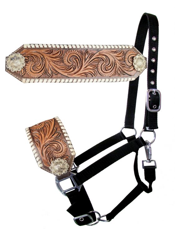 Showman Adjustable nylon bronc halter with tooled floral noseband