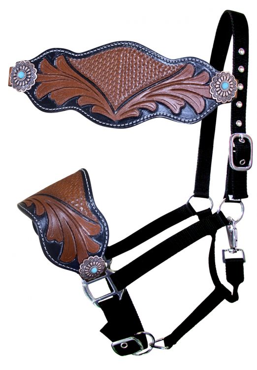 Showman Adjustable nylon bronc halter with two-tone tooled floral noseband