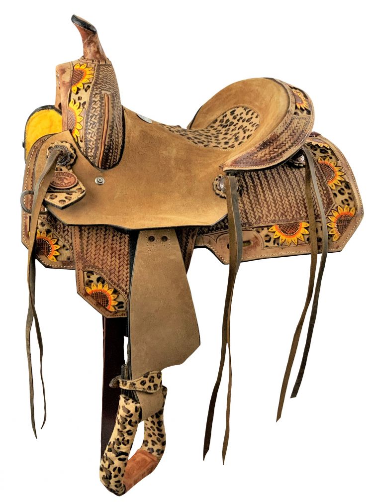 12" Double T Youth Hard Seat Barrel style saddle with Cheetah Seat and sunflower painted accents