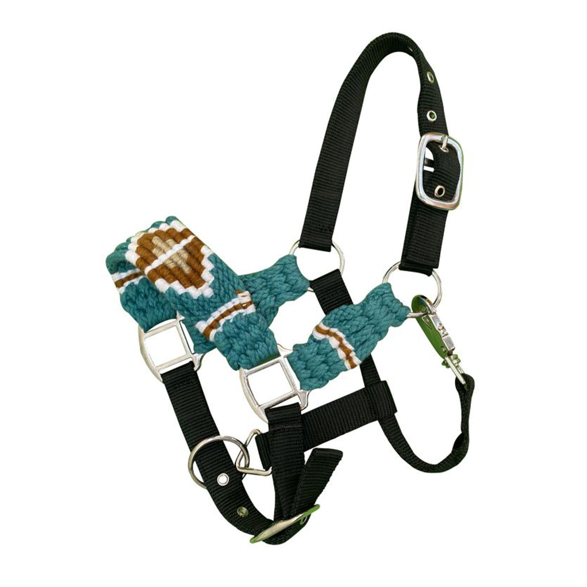 Showman Pony Cotton Corded String Nylon Halter - Teal, Brown, & White