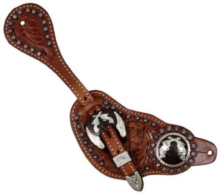 Showman men's size floral tooled leather silver studded spur straps with silver engraved cross pistol conchos