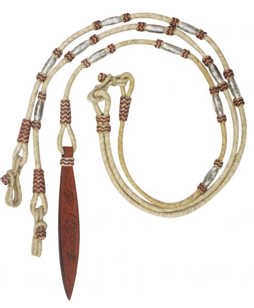 Showman Braided Natural Rawhide Romal Reins with floral tooled design on Leather Popper
