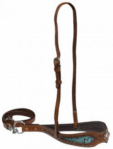 Showman Double stitched noseband with teal filigree print inlay accented with copper concho