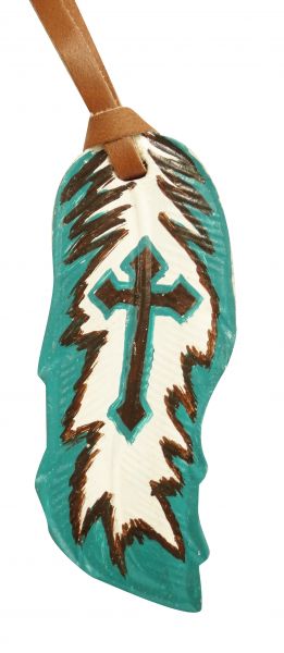 5" Teal and brown hand painted painted leather tie on feather with painted cross