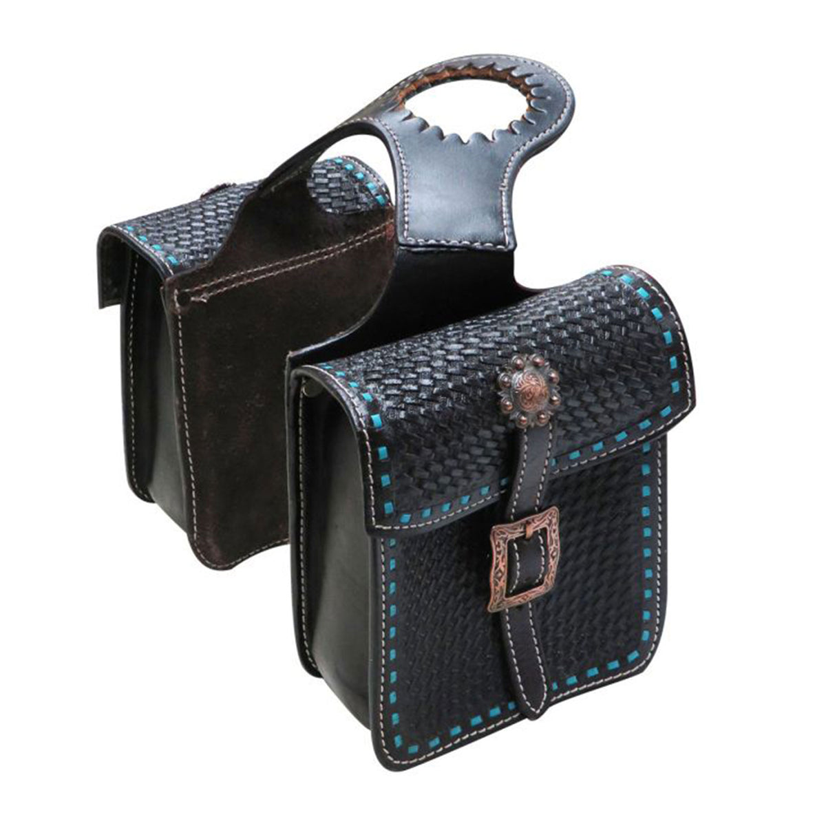 Showman Tooled Leather Horn Bag with Teal Buckstitch