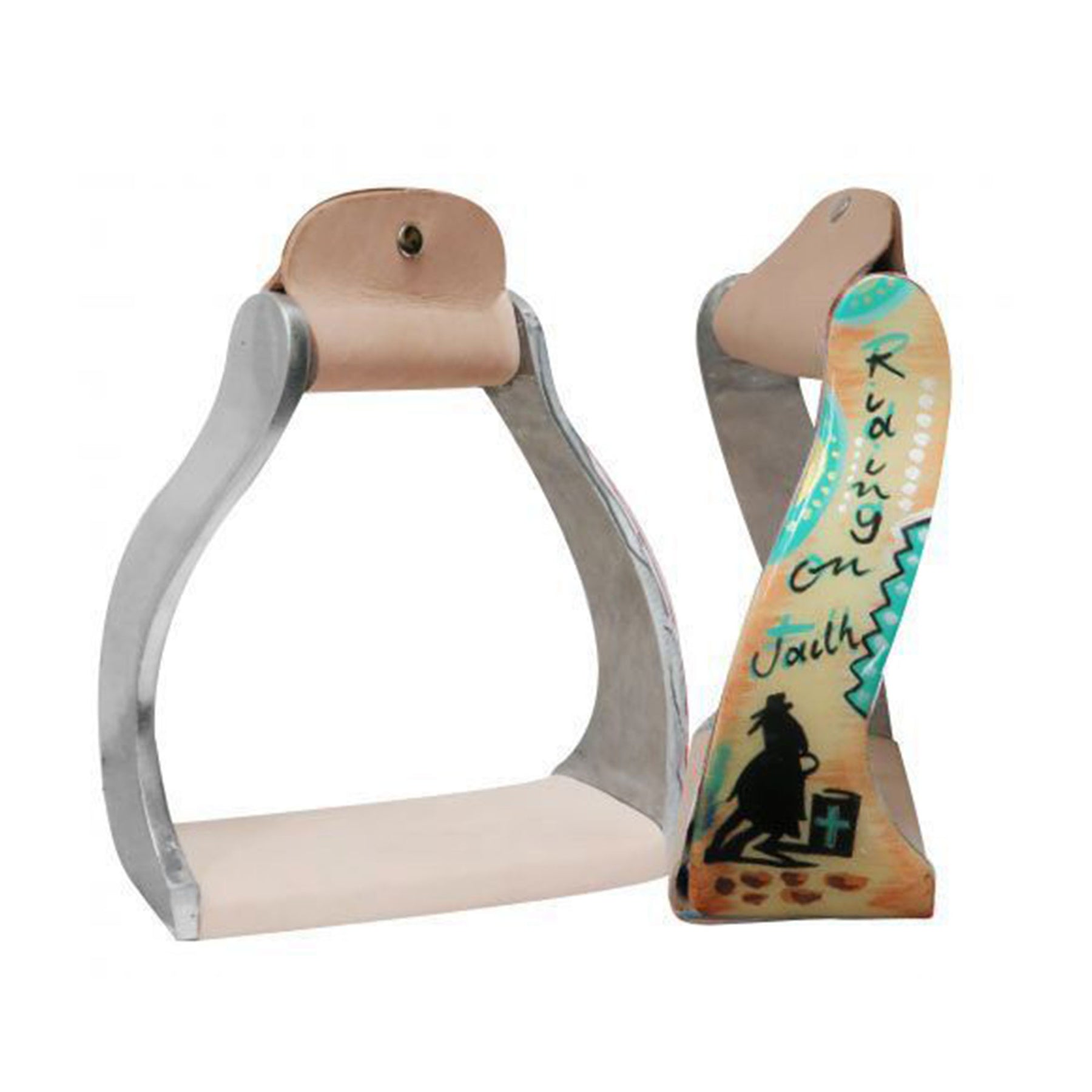 Showman Lightweight Twisted Angled Aluminum Stirrups with Painted "Riding on Faith" Design