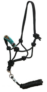 Showman Beaded nose cowboy knot rope halter with 7' lead - Teal and gold cross