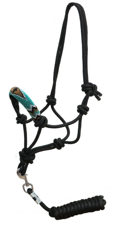 Showman Beaded nose cowboy knot rope halter with 7' lead - Teal and gold cross