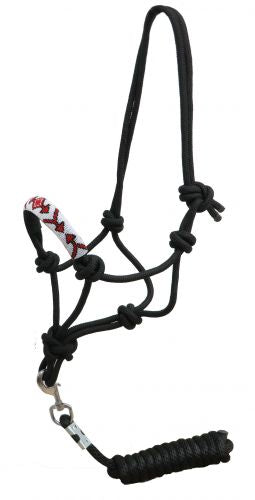 Showman Beaded nose cowboy knot rope halter with 7' lead - red and white design