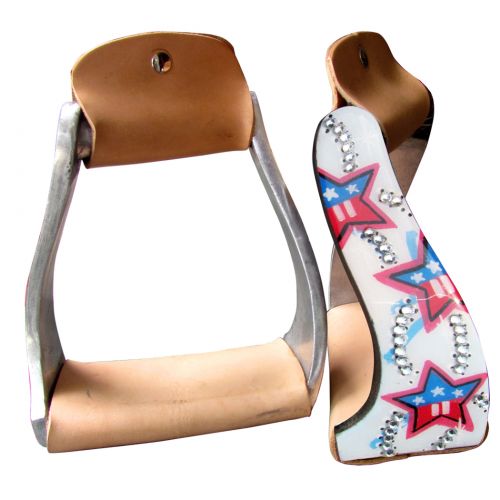 Showman Pony/Youth Lightweight twisted angled aluminum stirrups with red, white, and blue star design