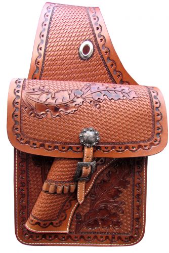 Showman Basketweave tooled leather saddle bag with 22 caliber gun holster