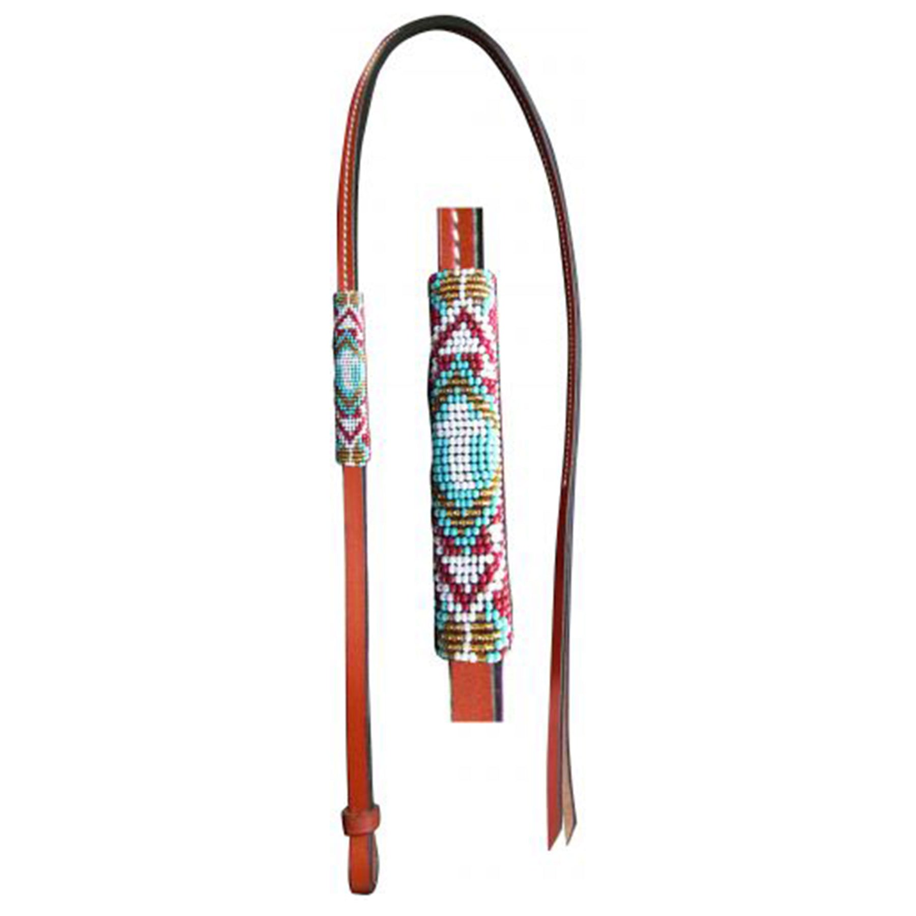 Showman 4ft Leather over  under whip with teal, red, and gold cross designed beaded overlay