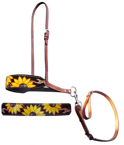 Showman Sunflower and leather hand painted overlay leather tie down noseband and strap