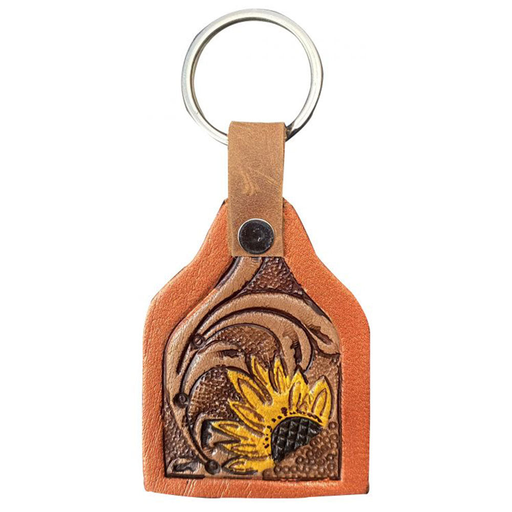 Showman Cow tag shaped painted Sunflower on tooled leather keychain