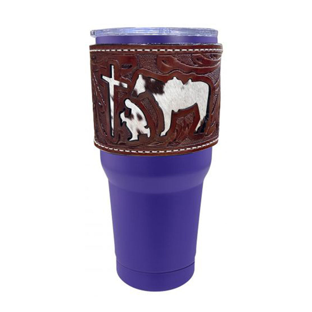 30 oz Insulated Purple Tumbler with Removable Argentina Cow Leather Praying Cowboy with Cowhide Inlay