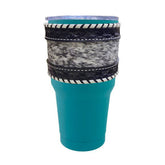 30 oz Insulated Teal Tumbler with Removable Argentina Cow Leather black and white cowhide inlay