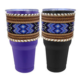 30 oz Insulated Purple / Black Tumbler with Removable beaded Leather Aztec Print Sleeve