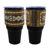 30 oz Insulated Black Tumbler with Removable Argentina Cow Leather Beaded Sleeve - burgundy and gold