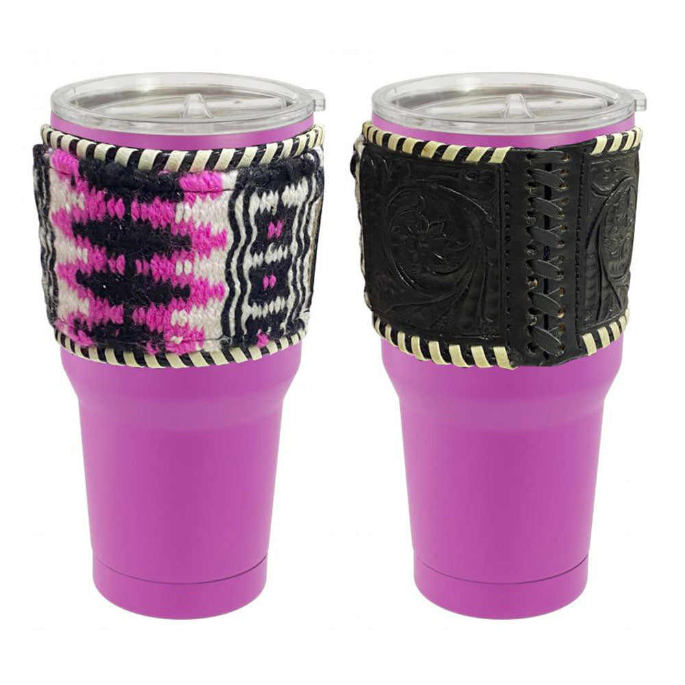 30 oz Insulated Pink Tumbler with Removable Argentina Cow Leather Wool Saddle Blanket Sleeve