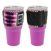 30 oz Insulated Pink Tumbler with Removable Argentina Cow Leather Wool Saddle Blanket Sleeve