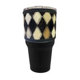 30 oz Insulated Black Tumbler with Removable Argentina Cow Leather Sleeve - Black and White Diamond