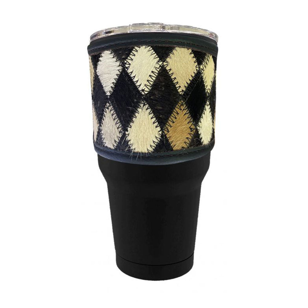 30 oz Insulated Black Tumbler with Removable Argentina Cow Leather Sleeve - Black and White Diamond
