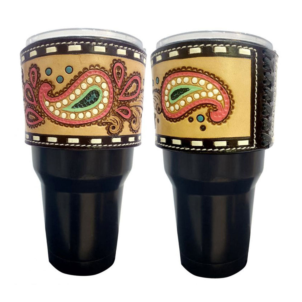 30 oz Insulated Black Tumbler with Removable Argentina Cow Leather Paisley Tooled Sleeve