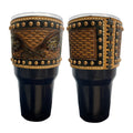 30 oz Insulated Black Tumbler with Removable Argentina Cow Leather Tooled Sleeve