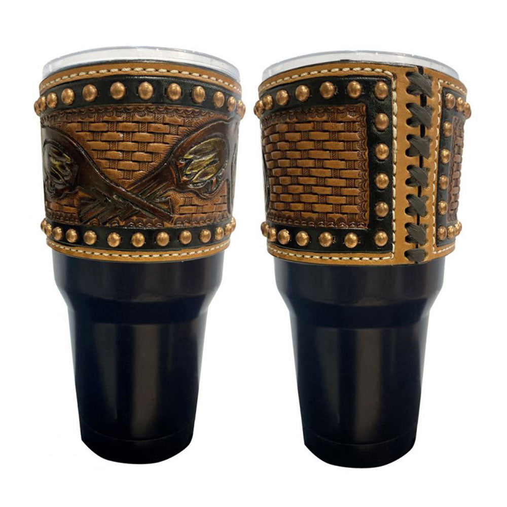 30 oz Insulated Black Tumbler with Removable Argentina Cow Leather Tooled Sleeve