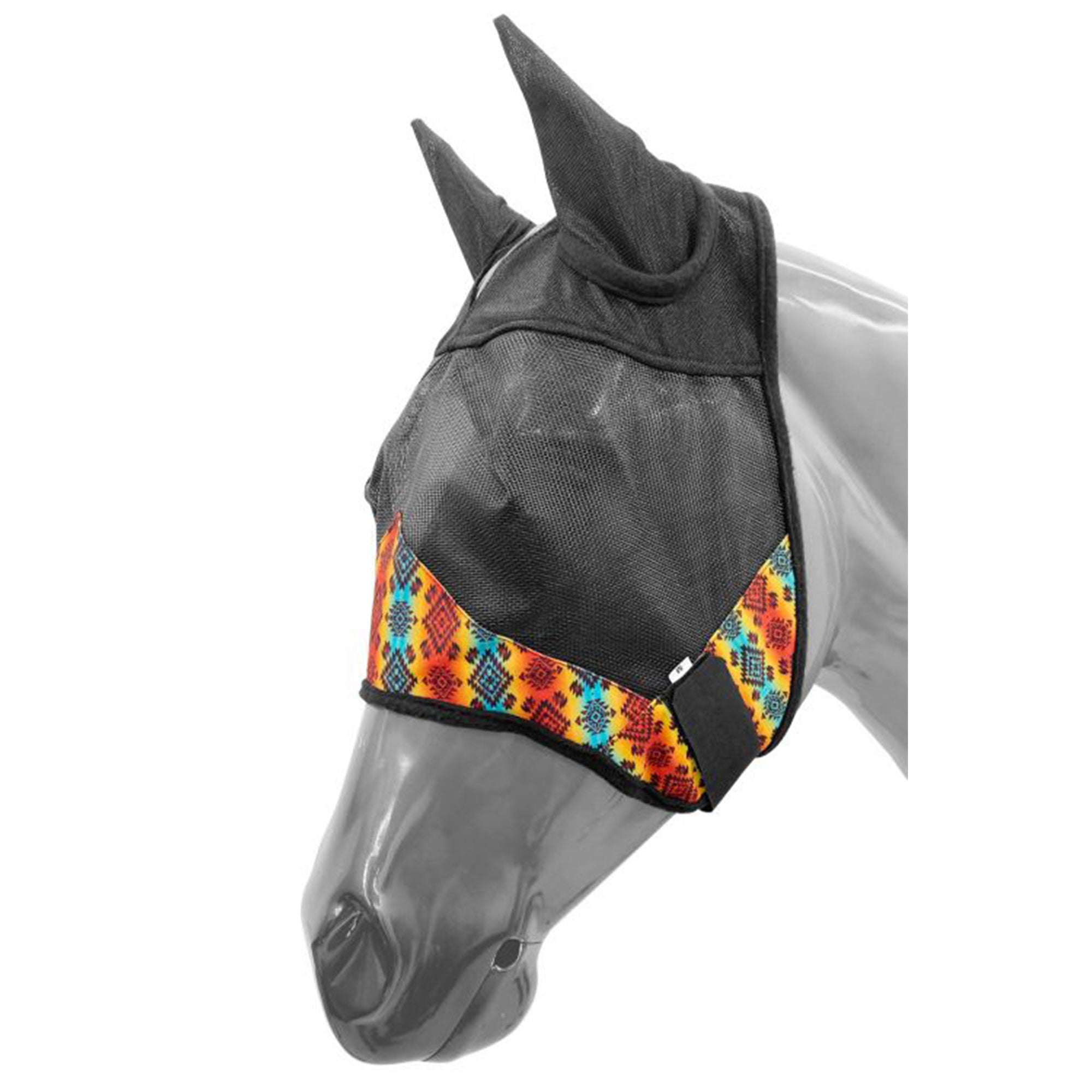 Showman Aztec Print Horse Size Fly Mask with Ears - Yellow, Blue, and Red