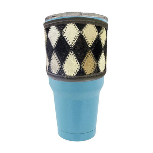 30 oz Insulated Teal Tumbler with Removable Argentina Cow Leather Sleeve - Black & White Diamond