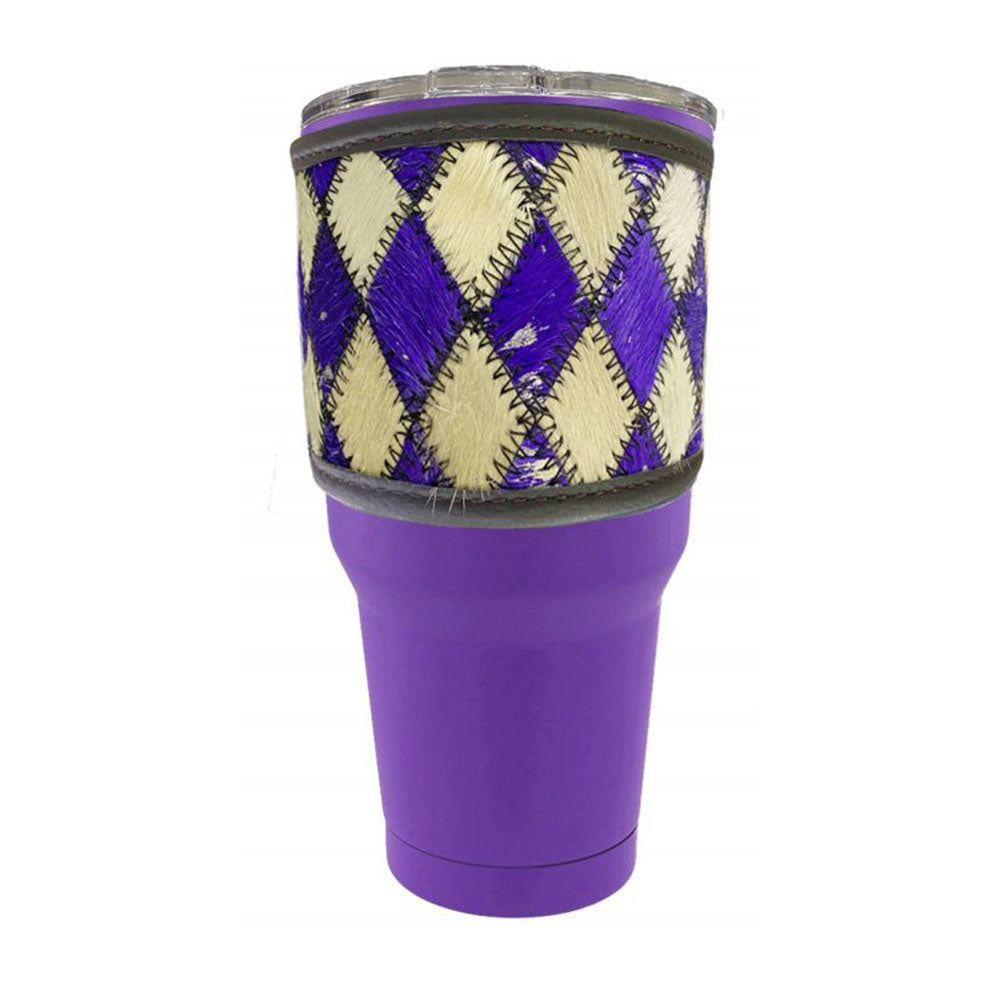 30 oz Insulated Purple Tumbler with Removable Argentina Cow Leather black and white diamond sleeve