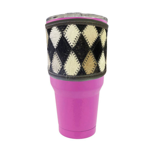 30 oz Insulated Pink Tumbler with Removable Argentina Cow Leather Black and White Diamond Sleeve