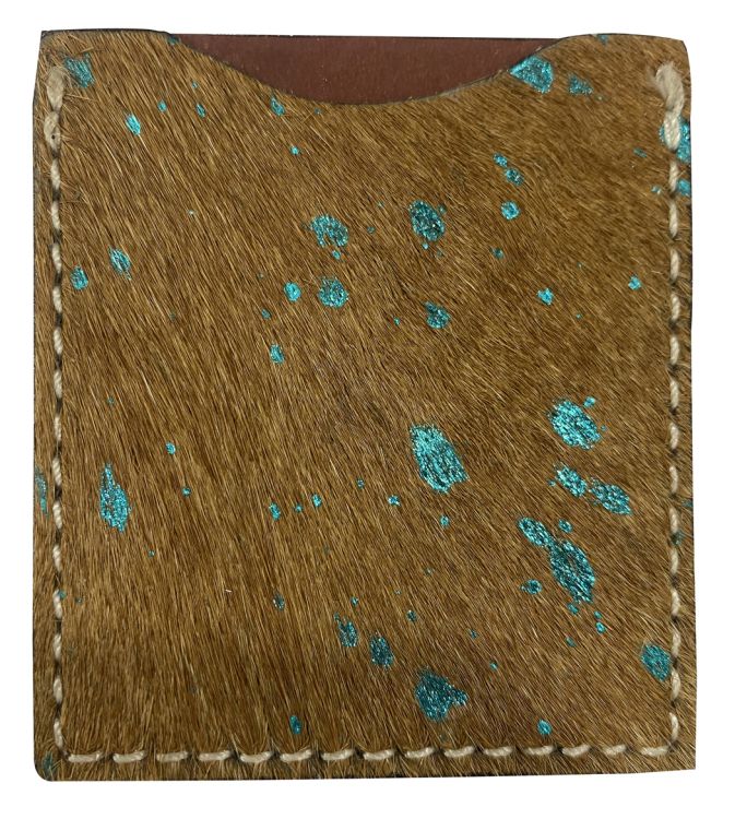 Brown and Teal Acid Wash Hair on Cowhide Stick On Cell Phone Card Wallet